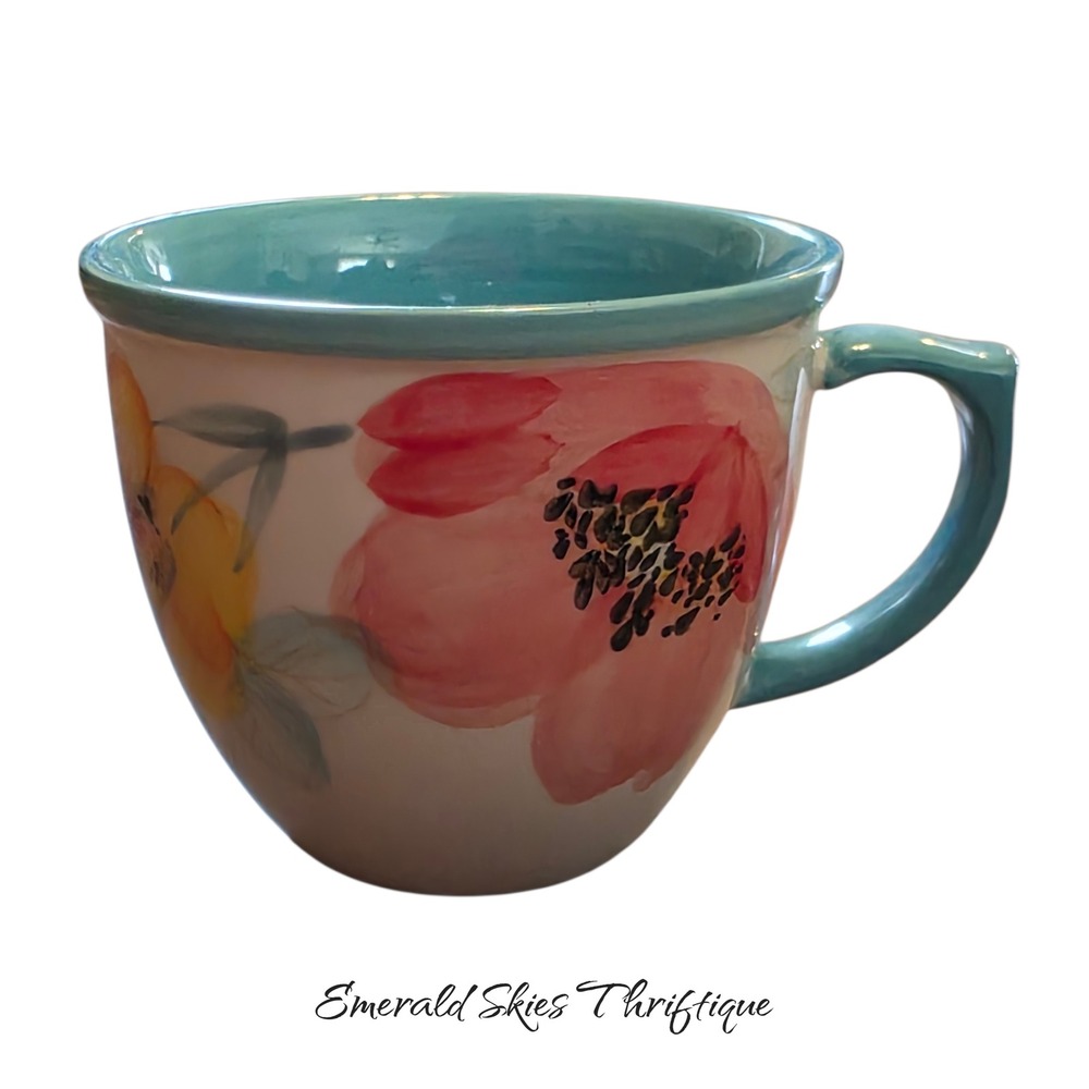 Pioneer Woman Vintage Bloom Floral Teal Inside Pattern Coffee Tea Mug free ship